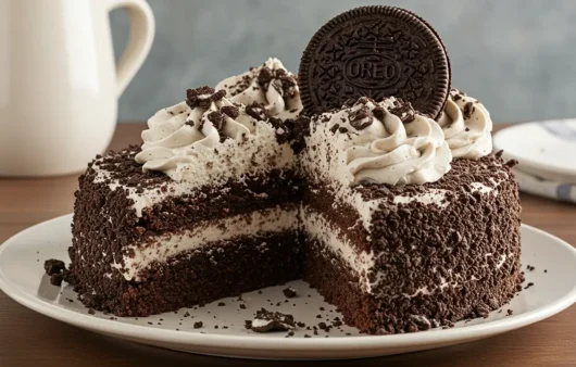 A delicious Oreo Dirt Cake layered with crushed Oreos, creamy pudding, and topped with gummy worms, perfect for a fun dessert.