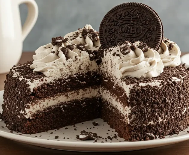 A delicious Oreo Dirt Cake layered with crushed Oreos, creamy pudding, and topped with gummy worms, perfect for a fun dessert.