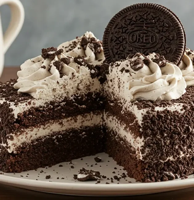 A delicious Oreo Dirt Cake layered with crushed Oreos, creamy pudding, and topped with gummy worms, perfect for a fun dessert.