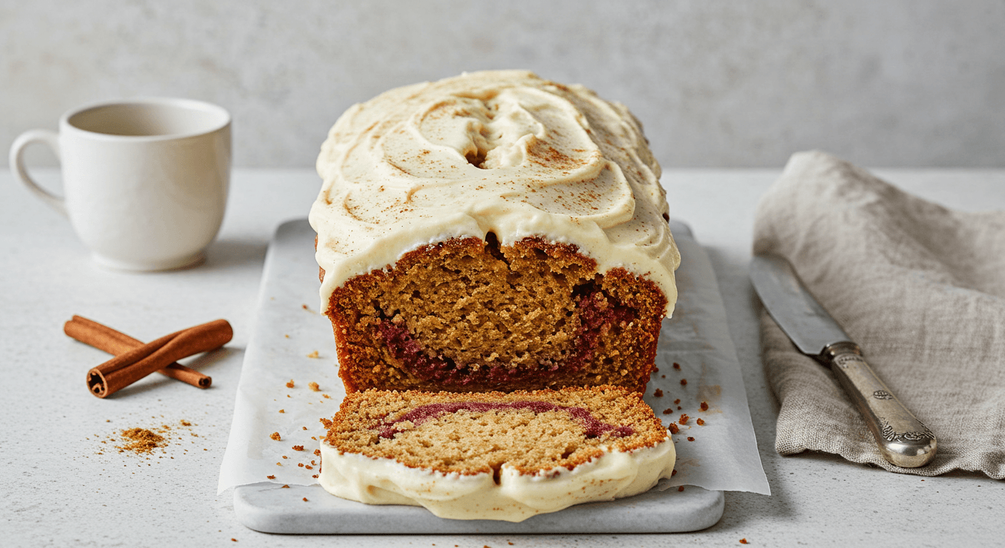 A loaf of hummingbird bread topped with cream cheese frosting, garnished with a sprinkle of cinnamon, displayed on a wooden cutting board. A slice is partially cut, revealing the moist, fruity texture of the bread.