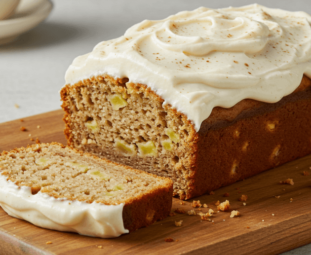 A loaf of hummingbird bread topped with cream cheese frosting, garnished with a sprinkle of cinnamon, displayed on a wooden cutting board. A slice is partially cut, revealing the moist, fruity texture of the bread.