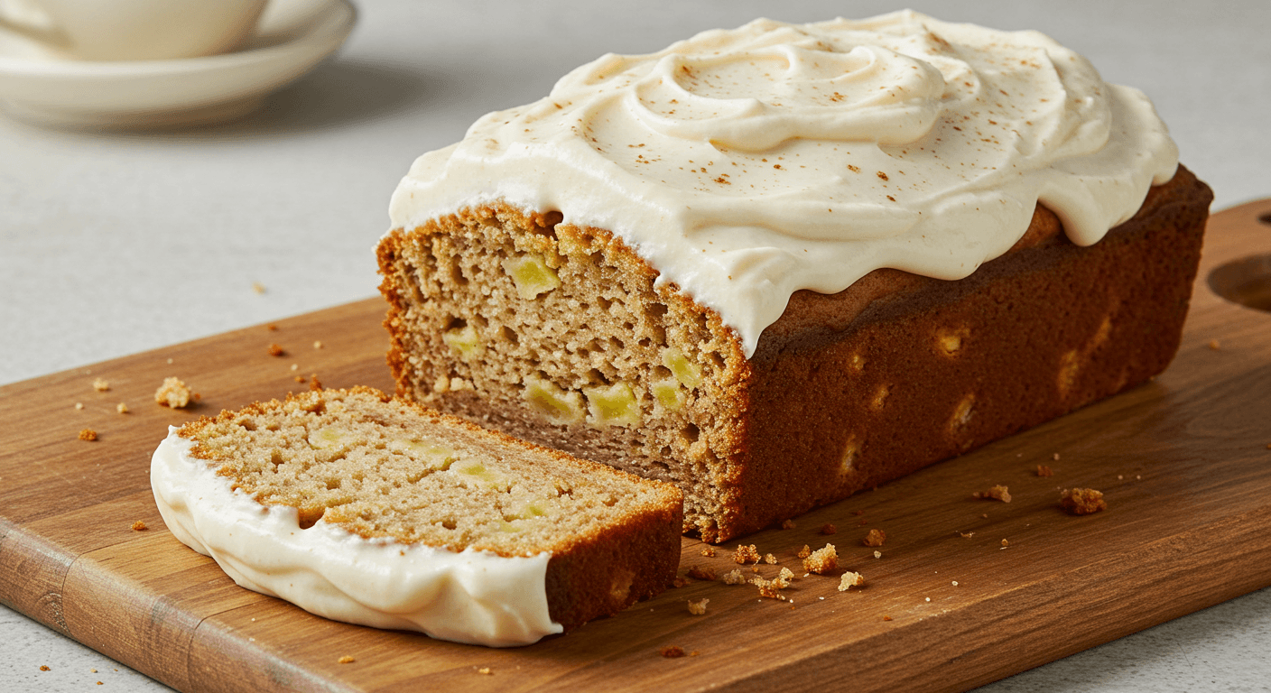 A loaf of hummingbird bread topped with cream cheese frosting, garnished with a sprinkle of cinnamon, displayed on a wooden cutting board. A slice is partially cut, revealing the moist, fruity texture of the bread.