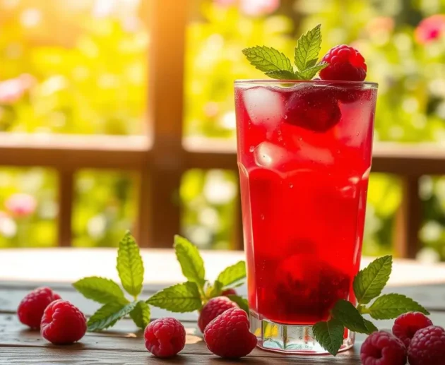 A glass of raspberry sweet tea garnished with fresh raspberries, lemon slices, and mint leaves, served over ice on a wooden table.