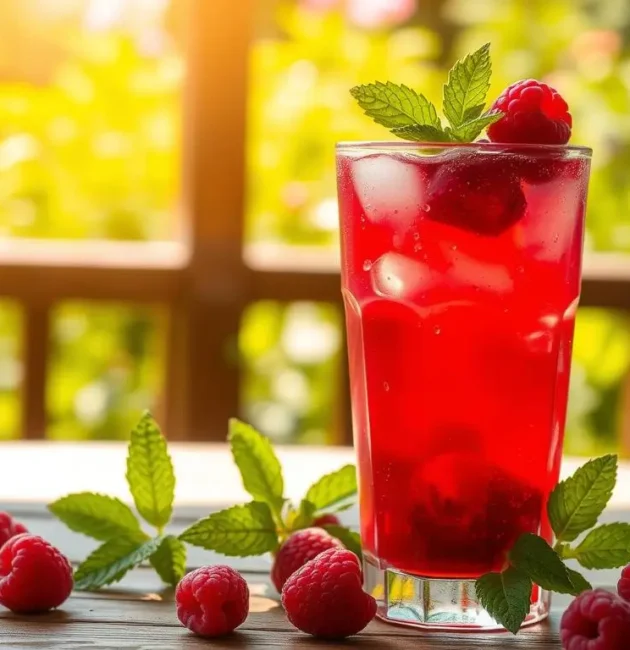 A glass of raspberry sweet tea garnished with fresh raspberries, lemon slices, and mint leaves, served over ice on a wooden table.