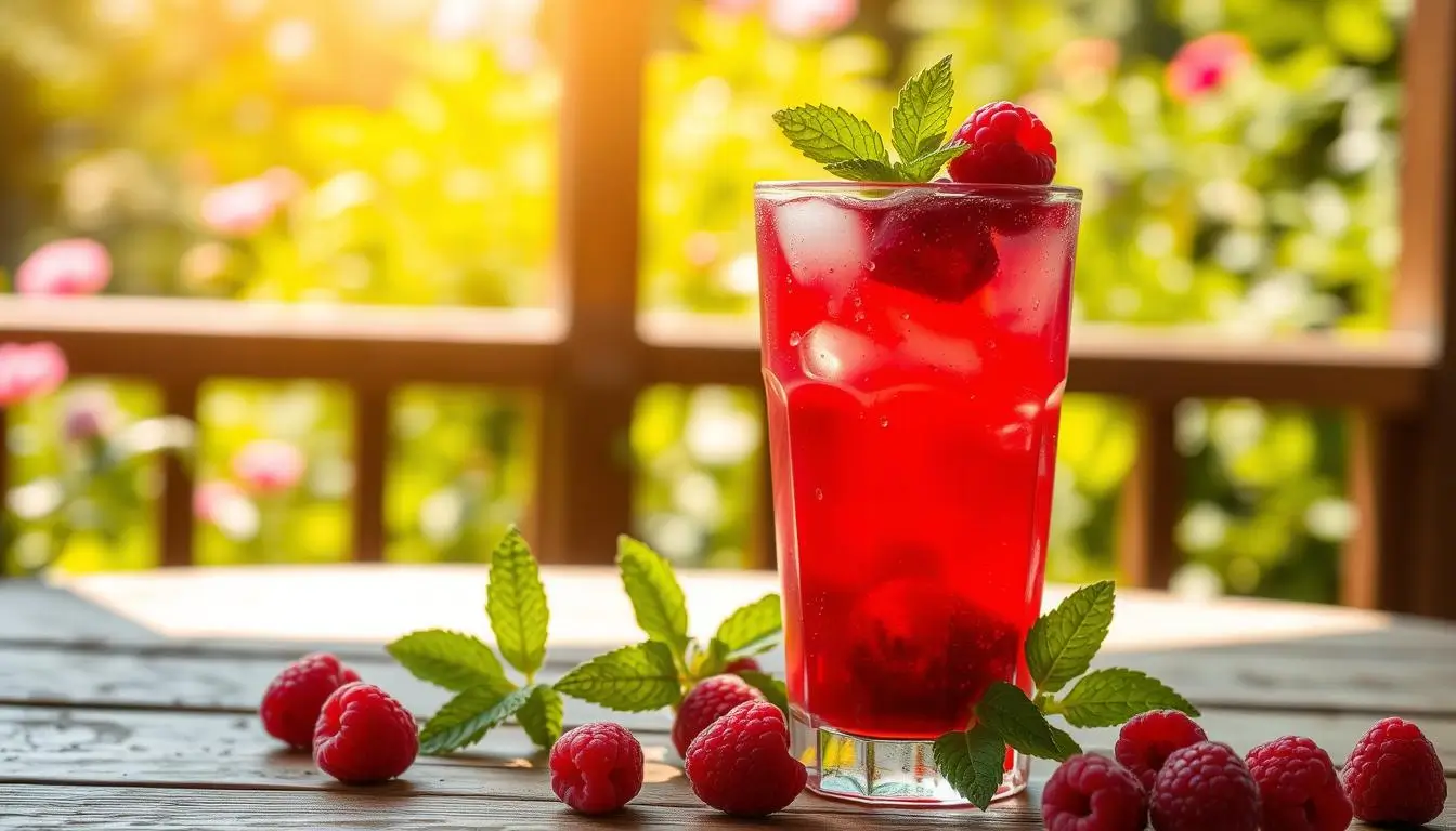 A glass of raspberry sweet tea garnished with fresh raspberries, lemon slices, and mint leaves, served over ice on a wooden table.