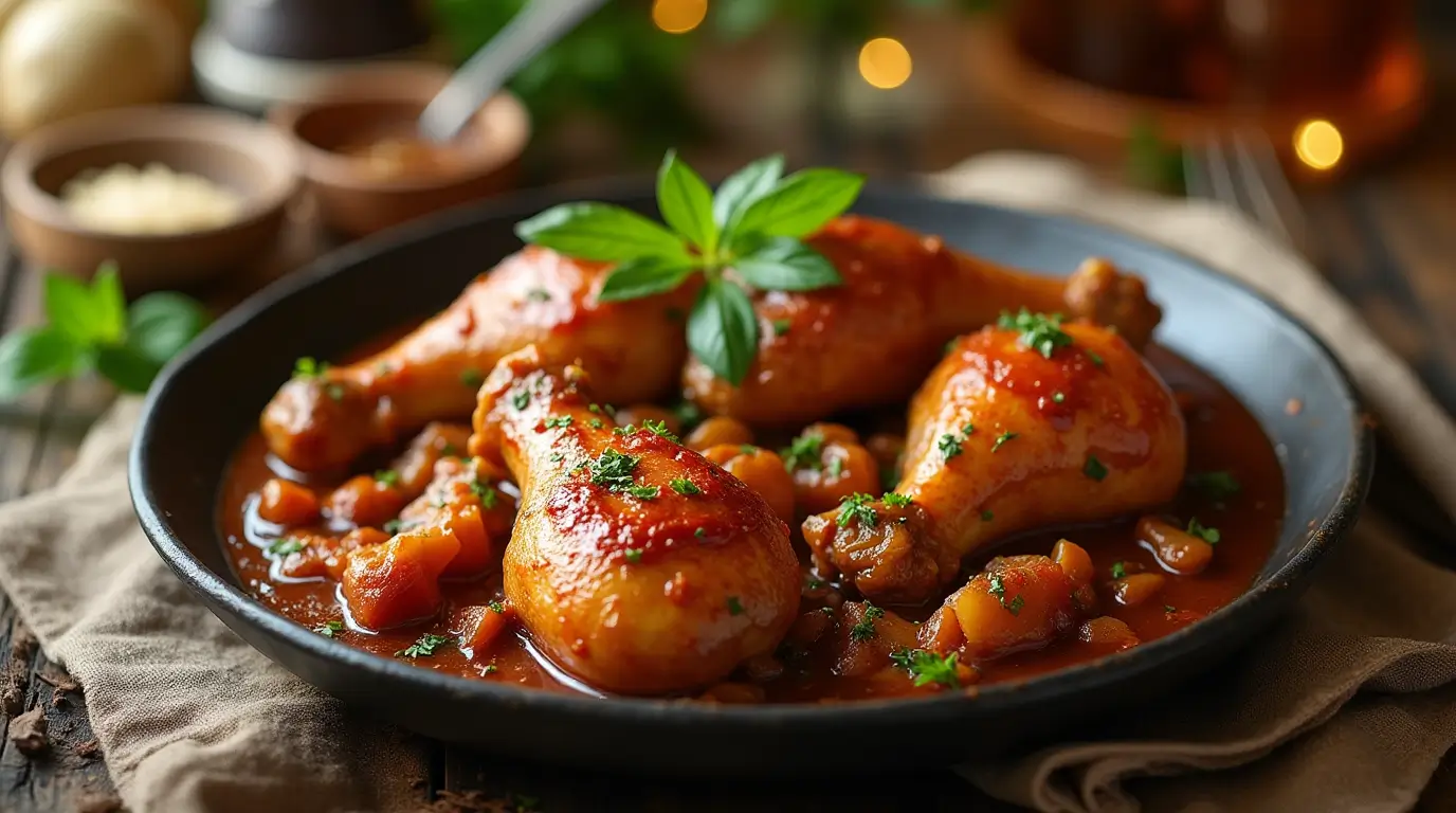 Plate of tender turkey necks cooked in a savory sauce, garnished with fresh herbs, onions, and spices, served on a rustic wooden table with warm lighting.
