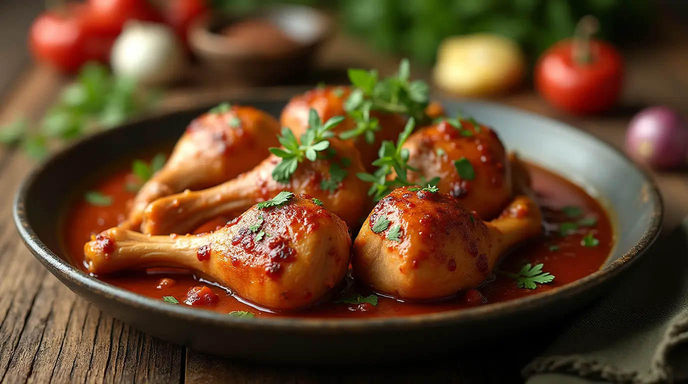 Plate of tender turkey necks cooked in a savory sauce, garnished with fresh herbs, onions, and spices, served on a rustic wooden table with warm lighting.