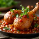 Plate of tender turkey necks cooked in a savory sauce, garnished with fresh herbs, onions, and spices, served on a rustic wooden table with warm lighting.