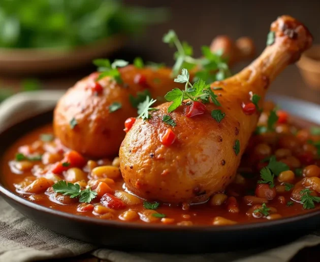 Plate of tender turkey necks cooked in a savory sauce, garnished with fresh herbs, onions, and spices, served on a rustic wooden table with warm lighting.