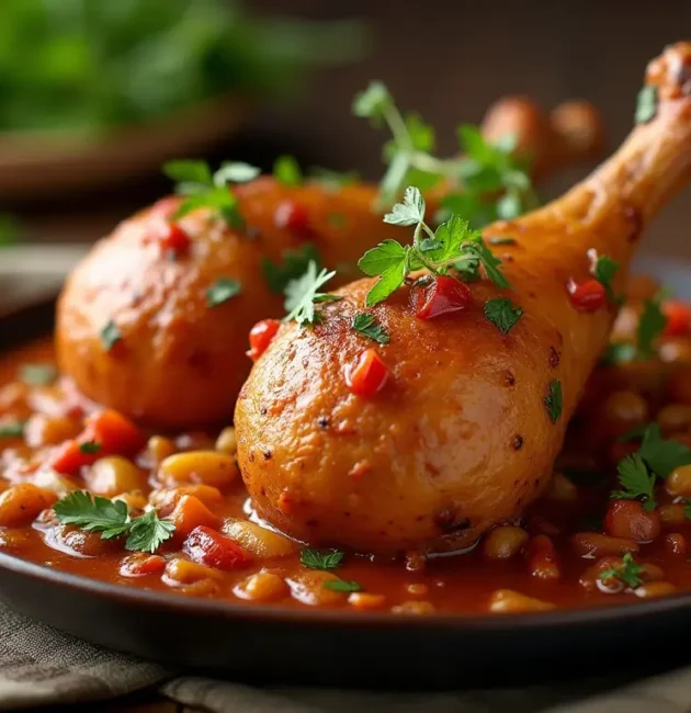 Plate of tender turkey necks cooked in a savory sauce, garnished with fresh herbs, onions, and spices, served on a rustic wooden table with warm lighting.