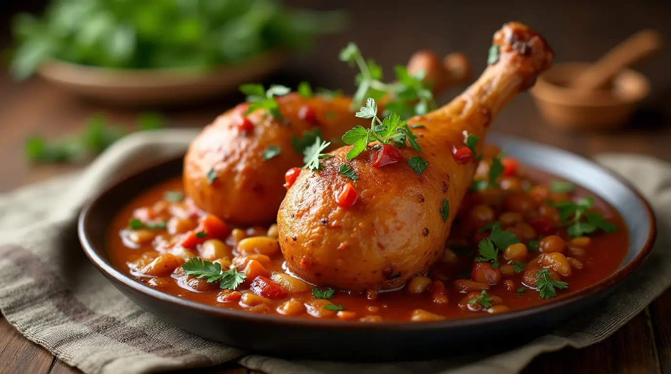Plate of tender turkey necks cooked in a savory sauce, garnished with fresh herbs, onions, and spices, served on a rustic wooden table with warm lighting.