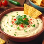 Delicious creamy white queso dip served with tortilla chips in a rustic bowl.