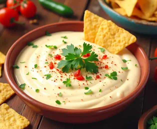 Delicious creamy white queso dip served with tortilla chips in a rustic bowl.