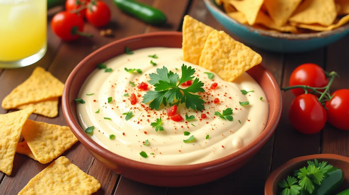 Delicious creamy white queso dip served with tortilla chips in a rustic bowl.