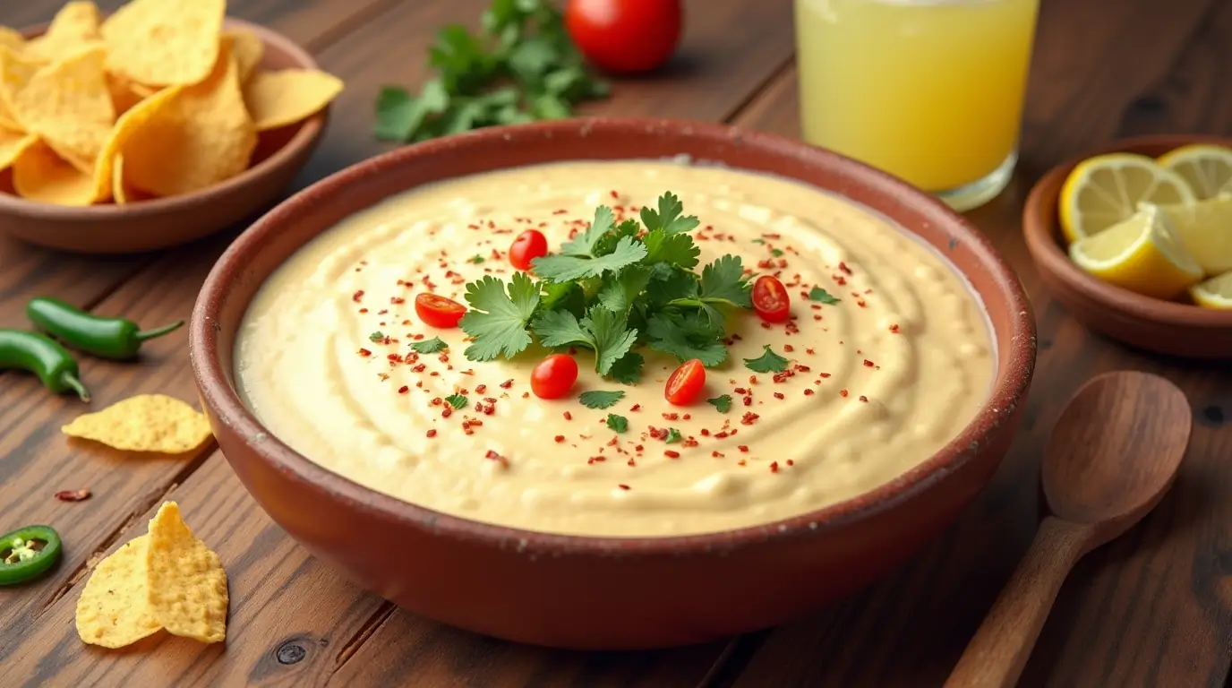 Delicious creamy white queso dip served with tortilla chips in a rustic bowl.