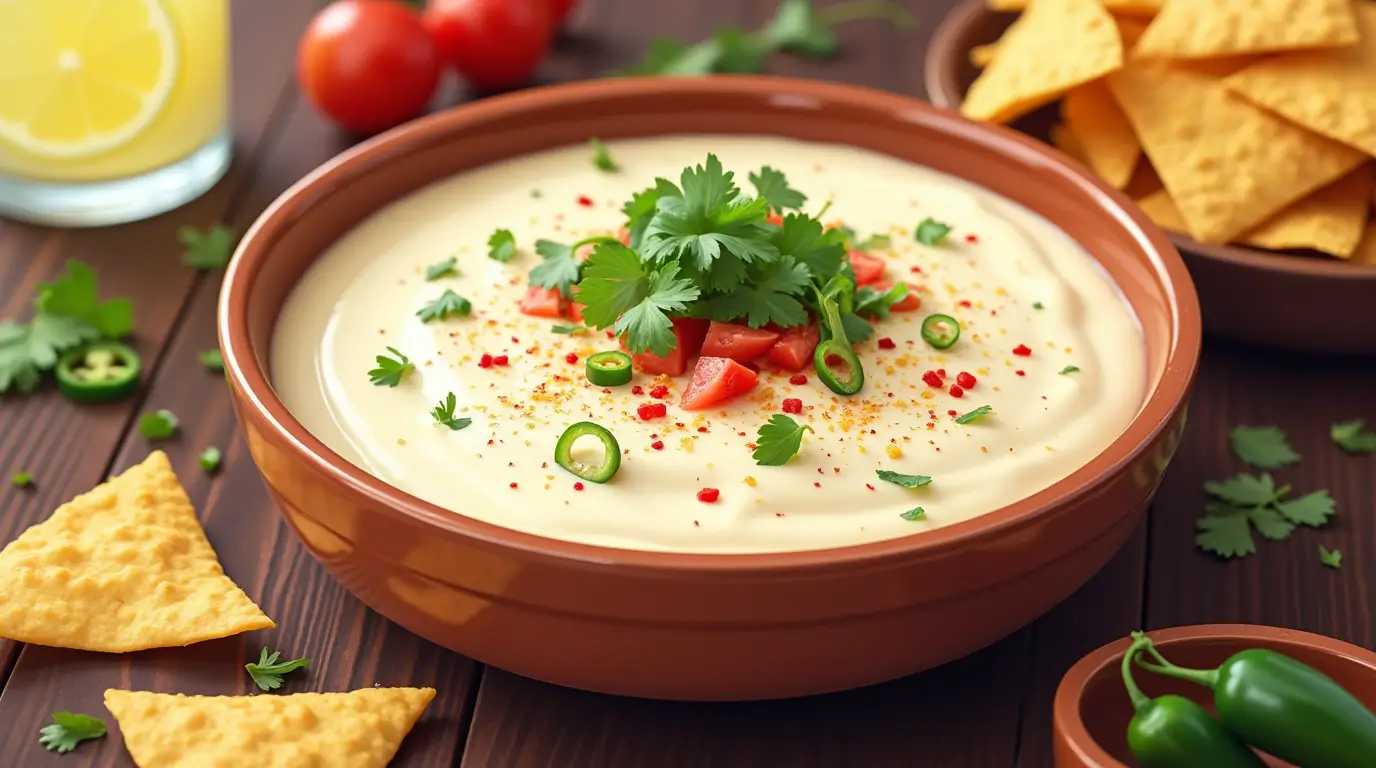 Delicious creamy white queso dip served with tortilla chips in a rustic bowl.