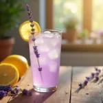 A refreshing glass of lavender lemonade on a rustic wooden table, garnished with a lemon slice and sprig of lavender. Fresh lemons and dried lavender buds surround the drink, with soft golden sunlight filtering through the scene.