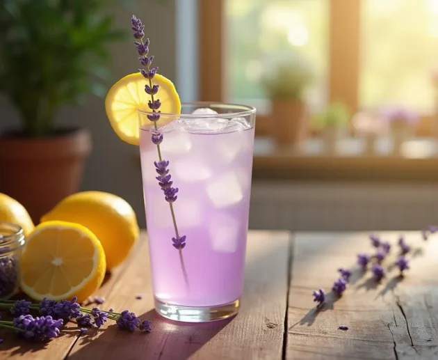 A refreshing glass of lavender lemonade on a rustic wooden table, garnished with a lemon slice and sprig of lavender. Fresh lemons and dried lavender buds surround the drink, with soft golden sunlight filtering through the scene.