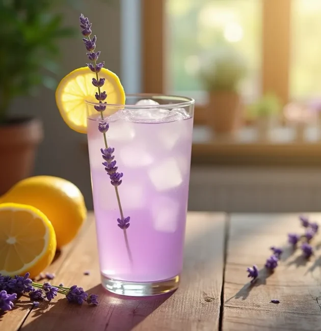 A refreshing glass of lavender lemonade on a rustic wooden table, garnished with a lemon slice and sprig of lavender. Fresh lemons and dried lavender buds surround the drink, with soft golden sunlight filtering through the scene.