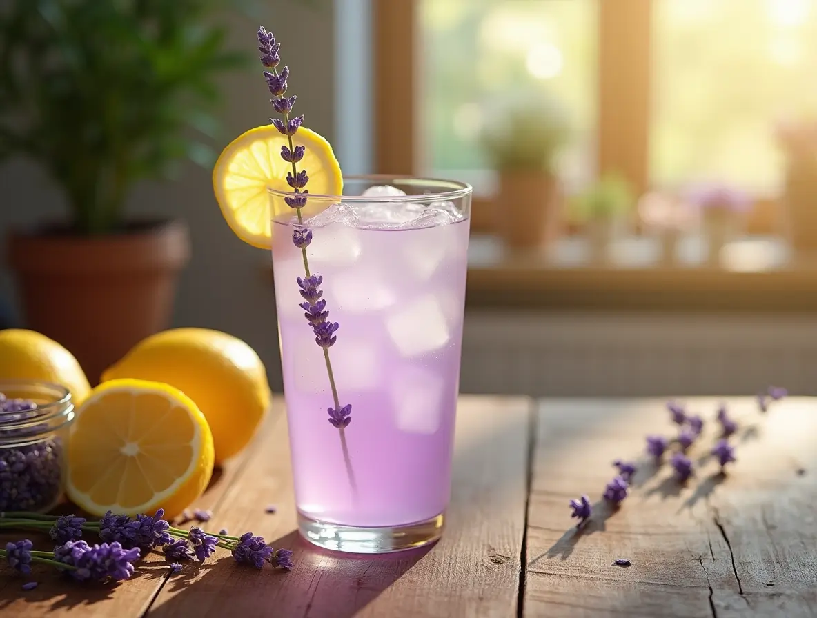 A refreshing glass of lavender lemonade on a rustic wooden table, garnished with a lemon slice and sprig of lavender. Fresh lemons and dried lavender buds surround the drink, with soft golden sunlight filtering through the scene.