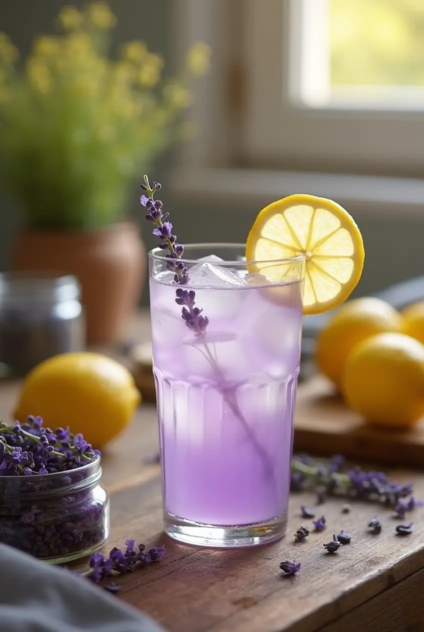 A refreshing glass of lavender lemonade on a rustic wooden table, garnished with a lemon slice and sprig of lavender. Fresh lemons and dried lavender buds surround the drink, with soft golden sunlight filtering through the scene.