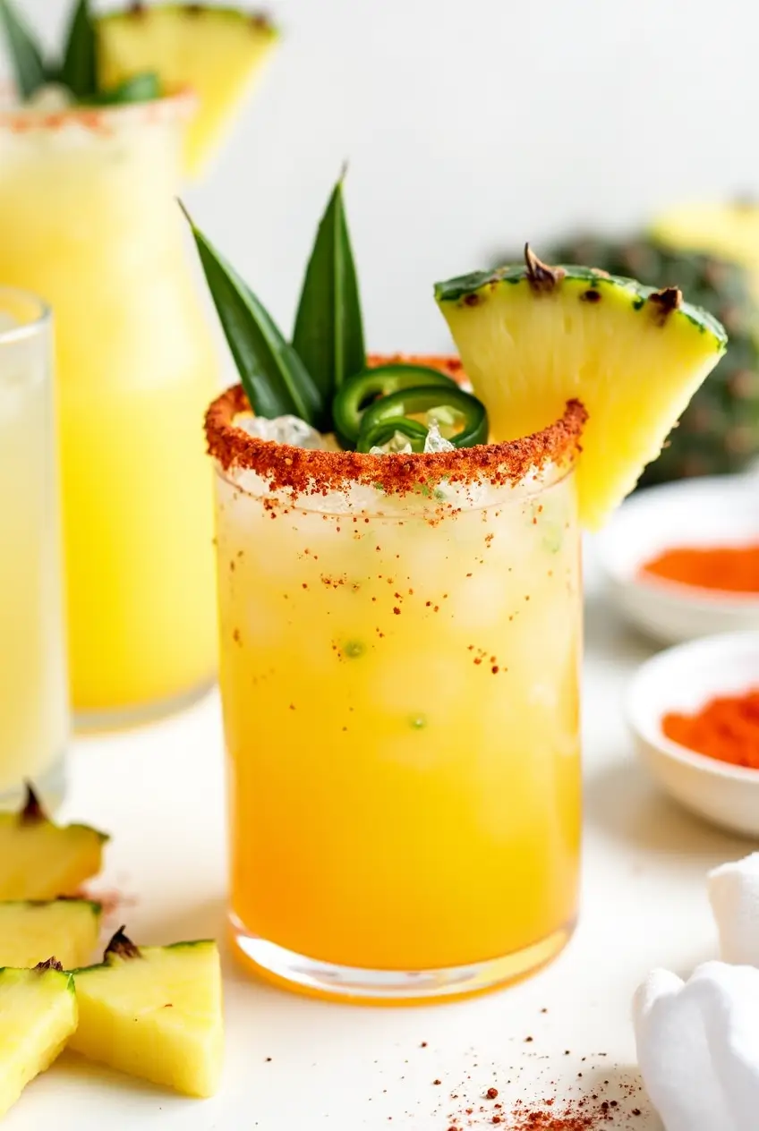A Spicy Pineapple Margarita with a chili-salt rim, garnished with jalapeño, pineapple, and lime on a wooden bar countertop.