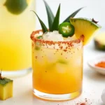 A Spicy Pineapple Margarita with a chili-salt rim, garnished with jalapeño, pineapple, and lime on a wooden bar countertop.