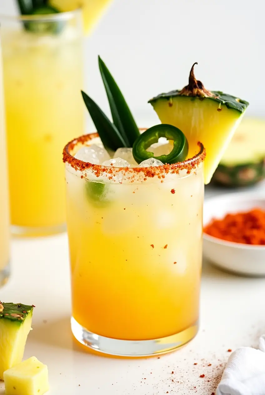 A Spicy Pineapple Margarita with a chili-salt rim, garnished with jalapeño, pineapple, and lime on a wooden bar countertop.