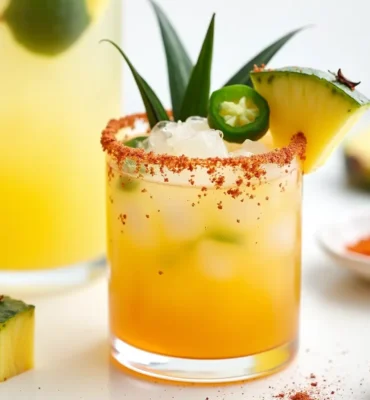 A Spicy Pineapple Margarita with a chili-salt rim, garnished with jalapeño, pineapple, and lime on a wooden bar countertop.