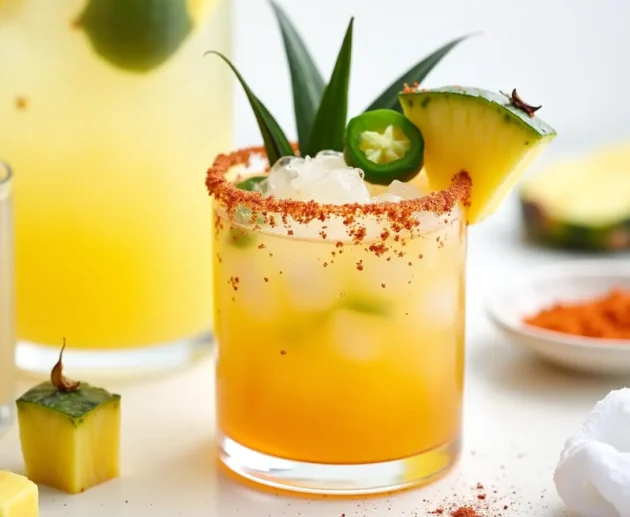 A Spicy Pineapple Margarita with a chili-salt rim, garnished with jalapeño, pineapple, and lime on a wooden bar countertop.