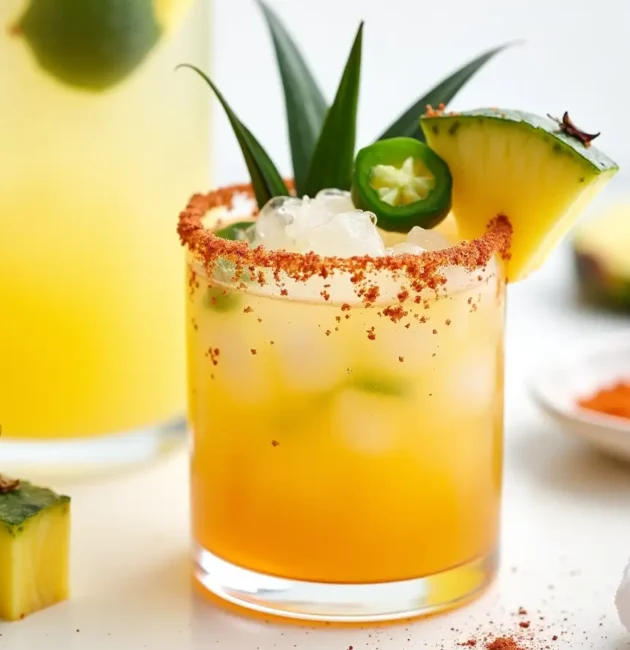 A Spicy Pineapple Margarita with a chili-salt rim, garnished with jalapeño, pineapple, and lime on a wooden bar countertop.