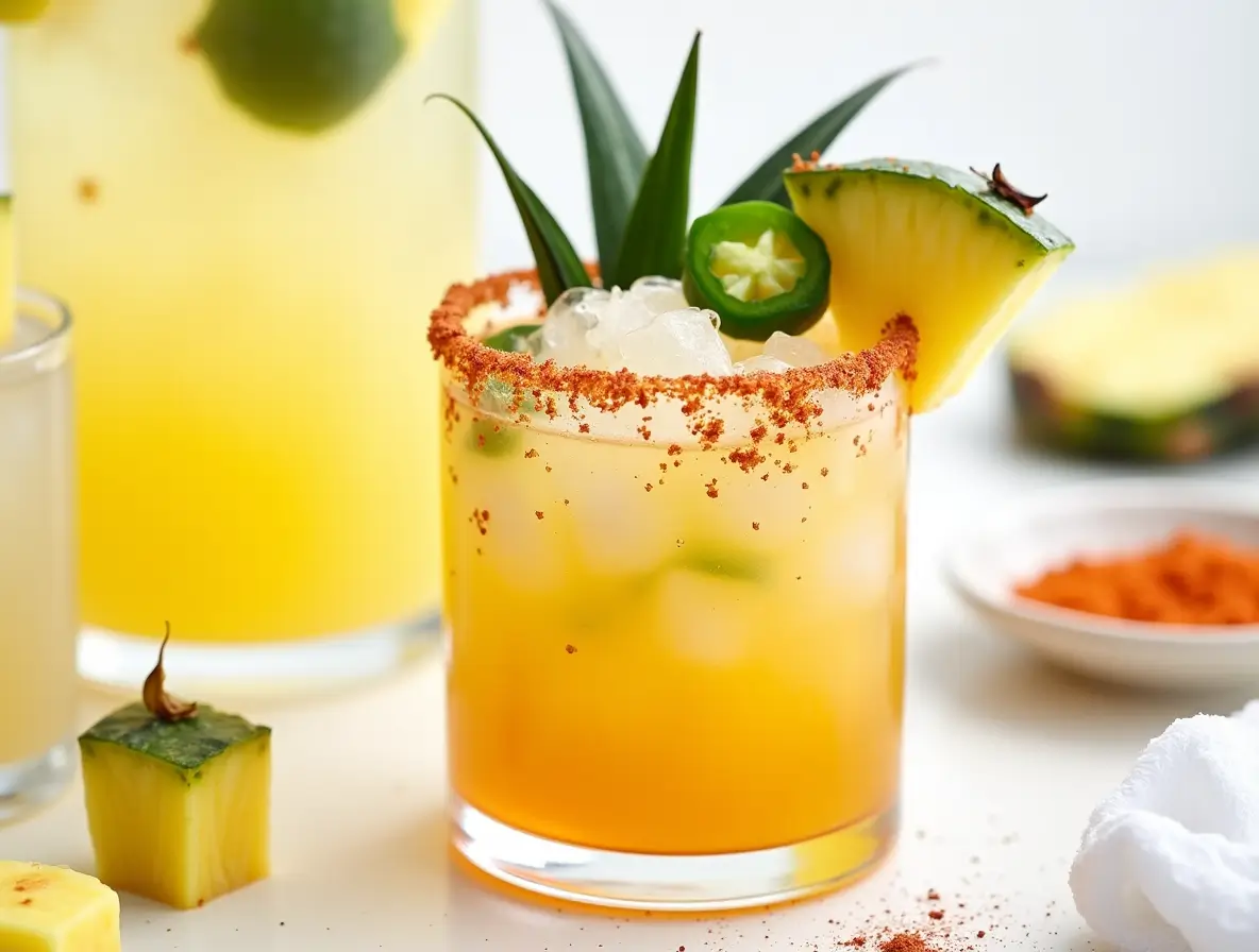 A Spicy Pineapple Margarita with a chili-salt rim, garnished with jalapeño, pineapple, and lime on a wooden bar countertop.